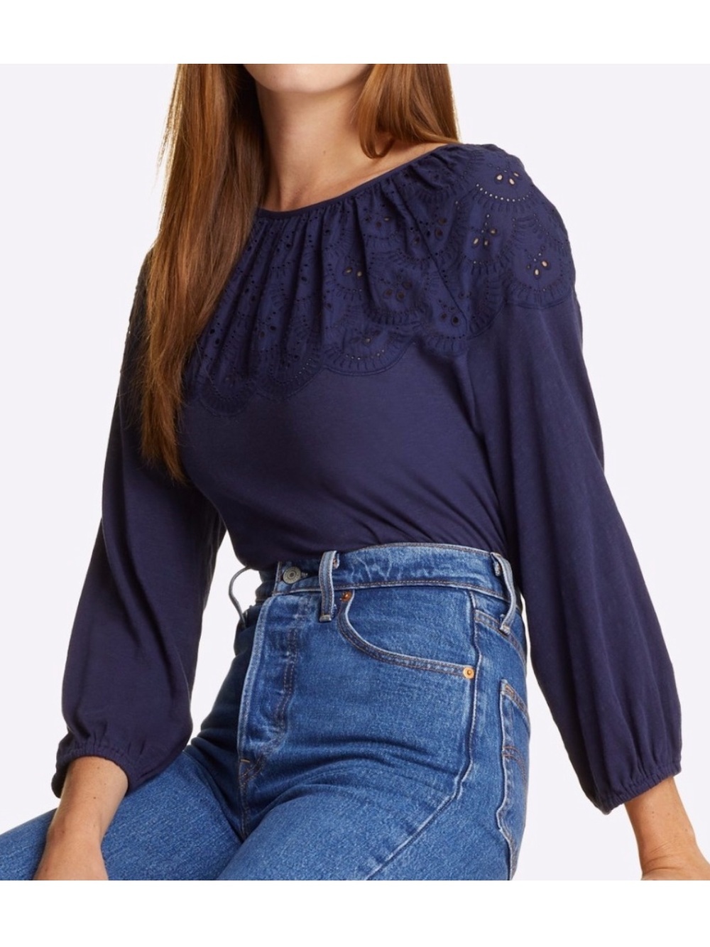 Draper James Long Sleeve Eyelet Knit Long Puff Sleeve Top Navy Blue Small NWT